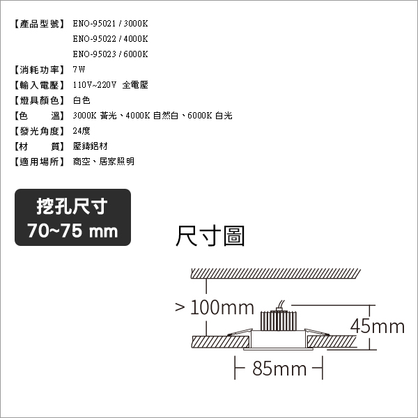 7.5公分LED投射嵌燈7W