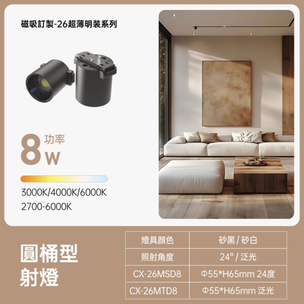 26超薄明裝磁吸 圓桶型射燈 8W