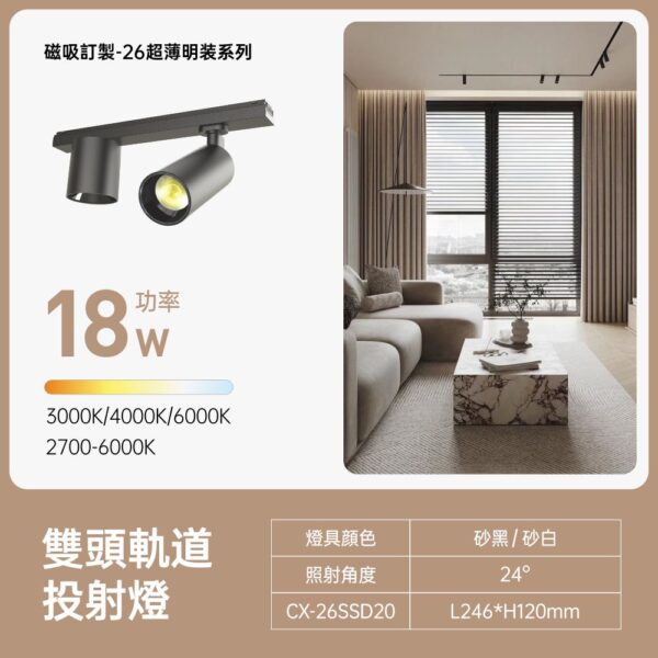26超薄明裝磁吸 雙頭軌道投射燈 18W