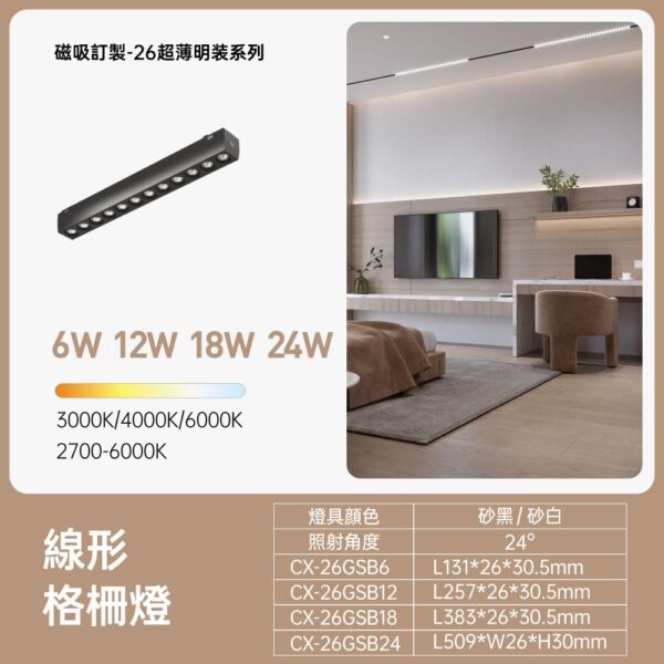 26超薄明裝磁吸  GSB線性格柵燈 12W